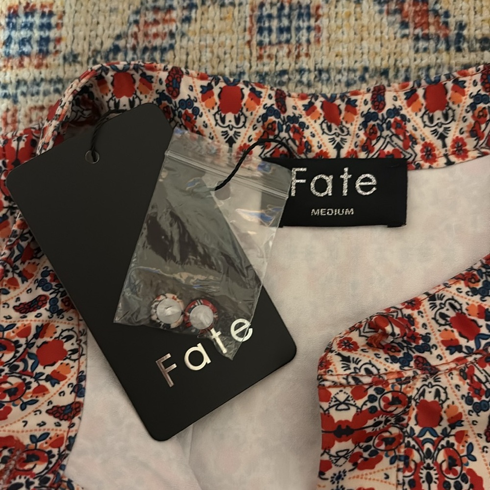 Fate Sheer Puff Long Sleeve Button Front Mini Dress SZ M NWT Missing Belt - Picture 5 of 8